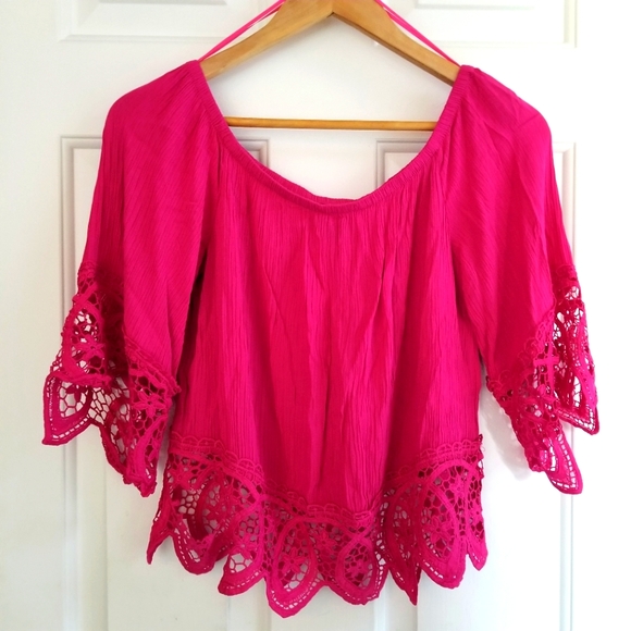 Pink Crochet Off Shoulder Lace Hem Blouse - Picture 1 of 8
